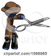 Poster, Art Print Of Blue Detective Man Holding Giant Scissors Cutting Out Something