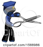 Poster, Art Print Of Blue Police Man Holding Giant Scissors Cutting Out Something