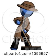 Blue Detective Man Cleaning Services Janitor Sweeping Floor With Push Broom