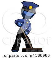 Blue Police Man Cleaning Services Janitor Sweeping Floor With Push Broom