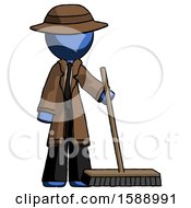 Blue Detective Man Standing With Industrial Broom