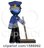 Blue Police Man Standing With Industrial Broom
