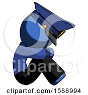 Poster, Art Print Of Blue Police Man Sitting With Head Down Facing Sideways Right