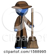 Blue Detective Man Standing With Broom Cleaning Services