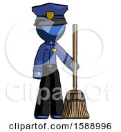 Blue Police Man Standing With Broom Cleaning Services