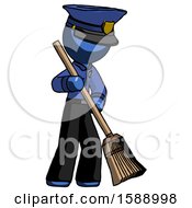 Poster, Art Print Of Blue Police Man Sweeping Area With Broom