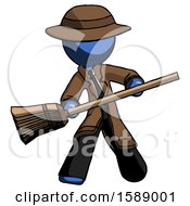 Blue Detective Man Broom Fighter Defense Pose
