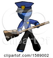 Poster, Art Print Of Blue Police Man Broom Fighter Defense Pose