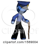 Blue Police Man Walking With Hiking Stick