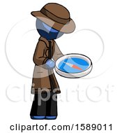 Blue Detective Man Looking At Large Compass Facing Right