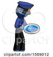 Blue Police Man Looking At Large Compass Facing Right