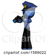 Poster, Art Print Of Blue Police Man Holding Binoculars Ready To Look Left