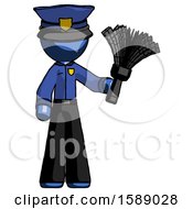 Poster, Art Print Of Blue Police Man Holding Feather Duster Facing Forward
