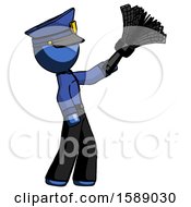 Blue Police Man Dusting With Feather Duster Upwards