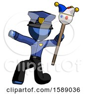 Blue Police Man Holding Jester Staff Posing Charismatically