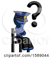 Poster, Art Print Of Blue Police Man Question Mark Concept Sitting On Chair Thinking