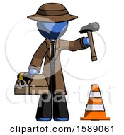 Poster, Art Print Of Blue Detective Man Under Construction Concept Traffic Cone And Tools