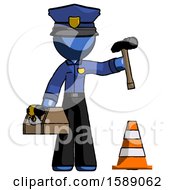 Poster, Art Print Of Blue Police Man Under Construction Concept Traffic Cone And Tools