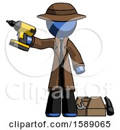 Poster, Art Print Of Blue Detective Man Holding Drill Ready To Work Toolchest And Tools To Right