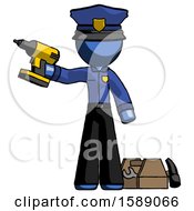 Poster, Art Print Of Blue Police Man Holding Drill Ready To Work Toolchest And Tools To Right