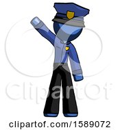 Blue Police Man Waving Emphatically With Right Arm