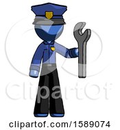 Blue Police Man Holding Wrench Ready To Repair Or Work