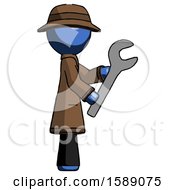 Poster, Art Print Of Blue Detective Man Using Wrench Adjusting Something To Right