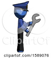 Blue Police Man Using Wrench Adjusting Something To Right