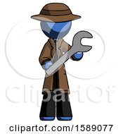 Blue Detective Man Holding Large Wrench With Both Hands