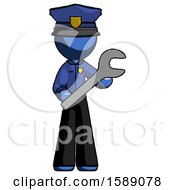 Blue Police Man Holding Large Wrench With Both Hands