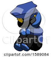 Poster, Art Print Of Blue Police Man Sitting With Head Down Facing Angle Left
