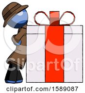 Poster, Art Print Of Blue Detective Man Gift Concept - Leaning Against Large Present