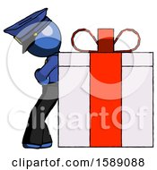 Poster, Art Print Of Blue Police Man Gift Concept - Leaning Against Large Present