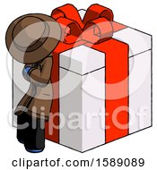 Poster, Art Print Of Blue Detective Man Leaning On Gift With Red Bow Angle View