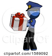 Poster, Art Print Of Blue Police Man Presenting A Present With Large Red Bow On It