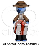 Poster, Art Print Of Blue Detective Man Gifting Present With Large Bow Front View
