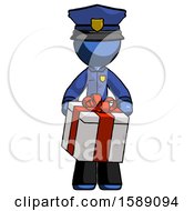 Poster, Art Print Of Blue Police Man Gifting Present With Large Bow Front View