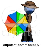 Poster, Art Print Of Blue Detective Man Holding Rainbow Umbrella Out To Viewer