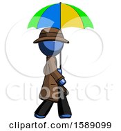 Poster, Art Print Of Blue Detective Man Walking With Colored Umbrella