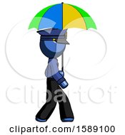Poster, Art Print Of Blue Police Man Walking With Colored Umbrella