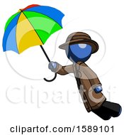 Blue Detective Man Flying With Rainbow Colored Umbrella