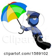 Blue Police Man Flying With Rainbow Colored Umbrella