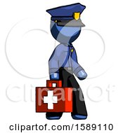 Blue Police Man Walking With Medical Aid Briefcase To Right
