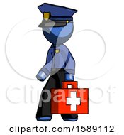 Blue Police Man Walking With Medical Aid Briefcase To Left