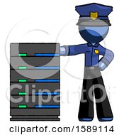 Poster, Art Print Of Blue Police Man With Server Rack Leaning Confidently Against It