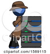 Blue Detective Man Resting Against Server Rack