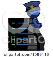 Poster, Art Print Of Blue Police Man Resting Against Server Rack Viewed At Angle