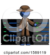 Poster, Art Print Of Blue Detective Man With Server Racks In Front Of Two Networked Systems