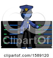 Poster, Art Print Of Blue Police Man With Server Racks In Front Of Two Networked Systems