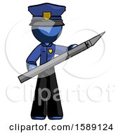 Blue Police Man Holding Large Scalpel